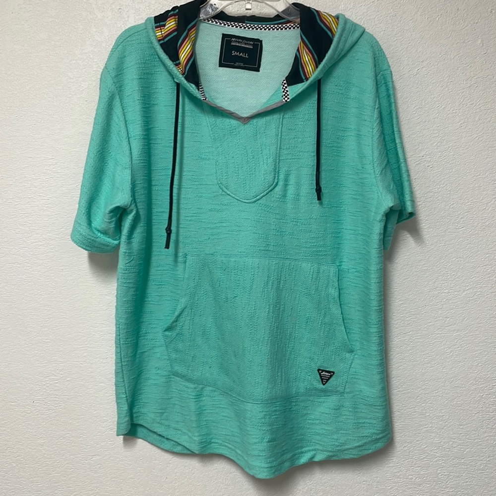 Short sleeve , light green pull over with hoodie.